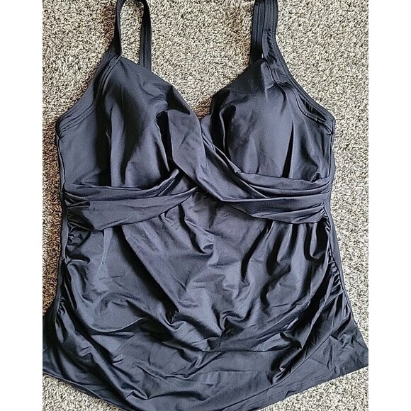 Lands' End Swim Top Black 18W DD Wrap Front Tankini 1X Solid Tummy Control S925 - Picture 2 of 9